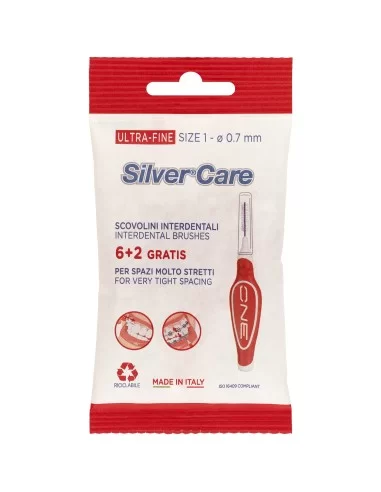 Set 8 periute interdentare Silver Care Ultra-Fine Size 1-0,7 mm capac protectie culoare Rosie